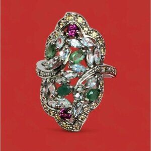 925 Sterling Silver Ring Sz 8 with Natural Emerald, Rhodolite, Sapphire, Topaz
